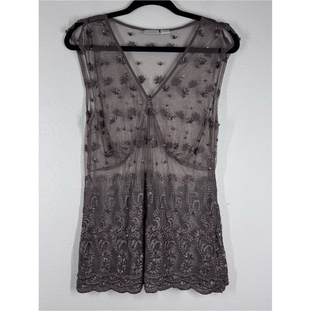 Spiegel Y2K Brown Babydoll Blouse Sheer Mesh Beaded Top Women’s 14